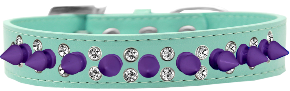 Double Crystal and Purple Spikes Dog Collar Aqua Size 12